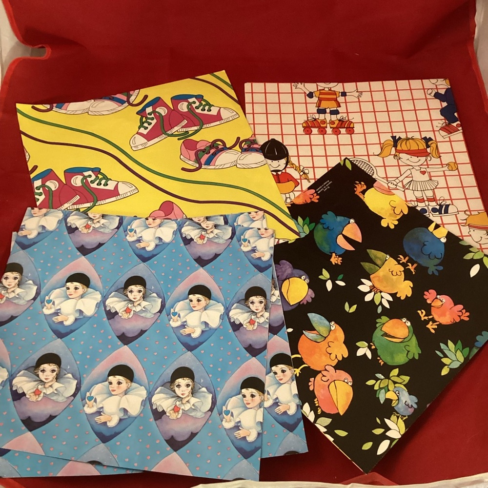 Various sizes of 80s themed wrapping paper for junk journal